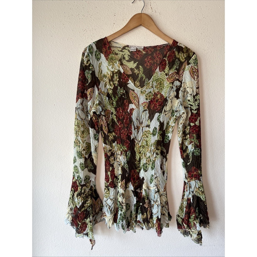 Y2K Alberto Makali Crinkle Pleated Top Floral Blouse Size L Fairy Sequin Goth